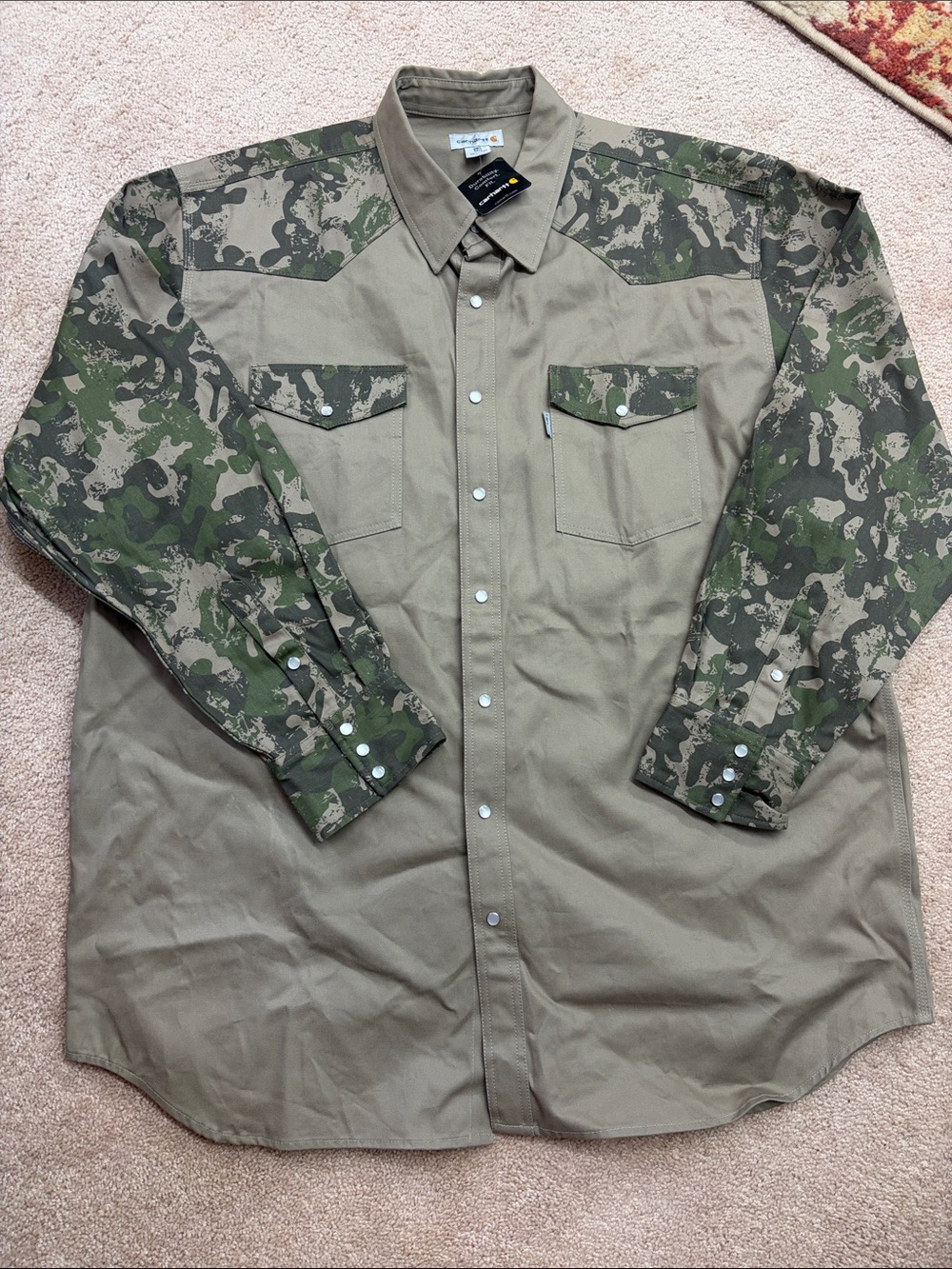 Carhartt Ironwood Twill Pearl Snap-Front Work Shirt. Khaki/Camo 2-Tone. 3XL Tall